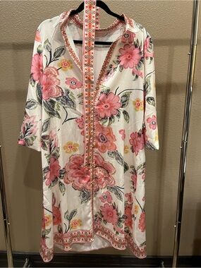 White Floral Midi Dress with Pink Flowers